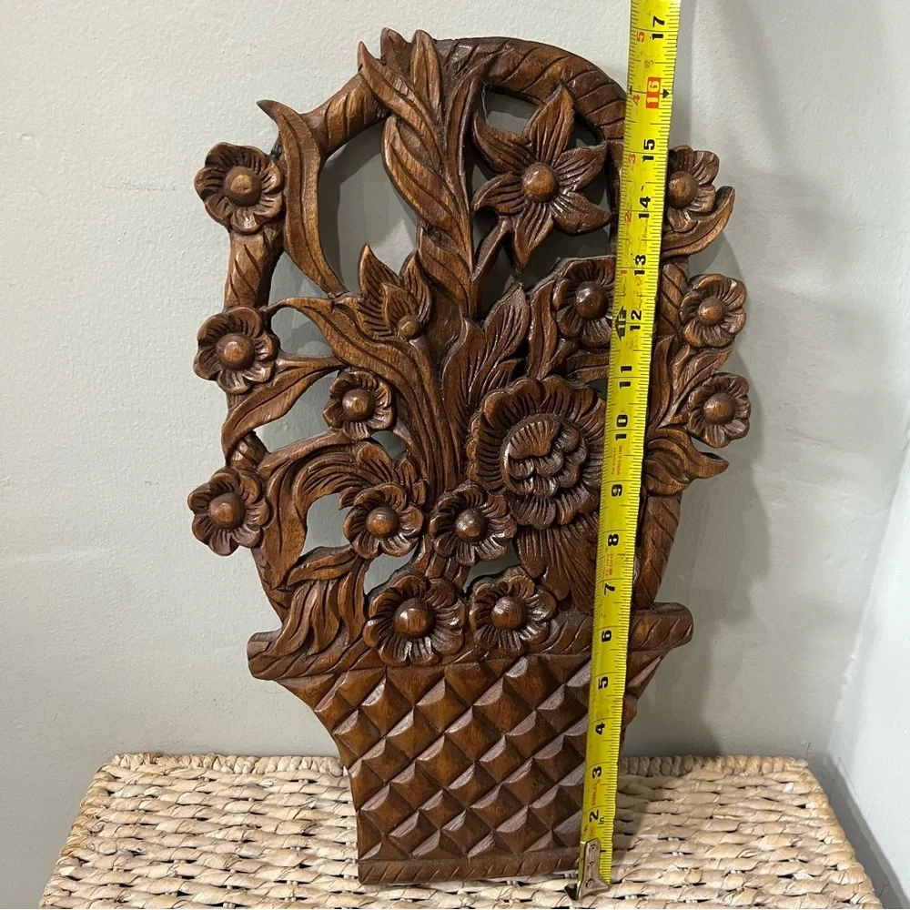 Vintage wood hanging flowers In Basket MCM‎ 17” Boho